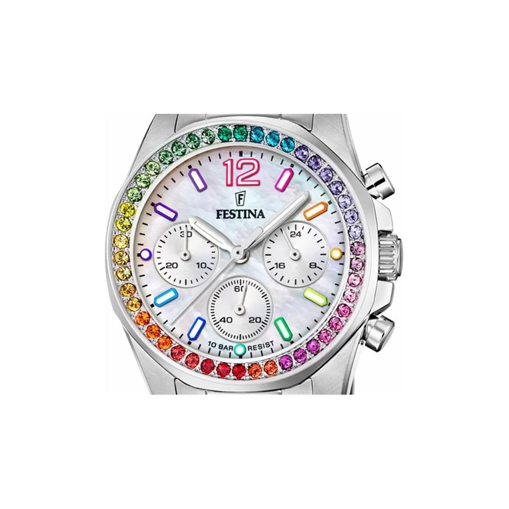 FESTINA Rainbow Chronograph Edelstahl Kristall Akzente Silber Zifferblatt Quarz F20606-2 100M Damenuhr