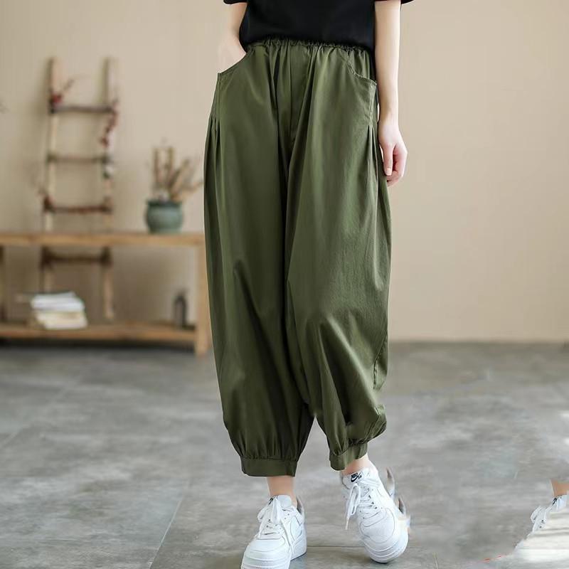 Summer New Literary and Retro Loose and Thin Closed Straight-leg Pants Elastic Waist Nine-point Pants Women