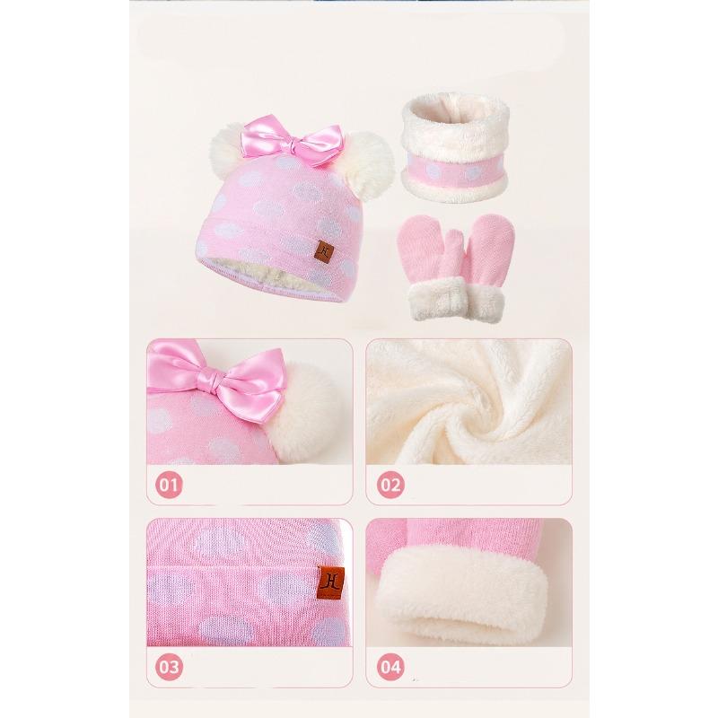 Bow Knot Polka Dot Woolen Hat Scarf Two-piece Set for Autumn and Winter Girls and Babies, Warm Set