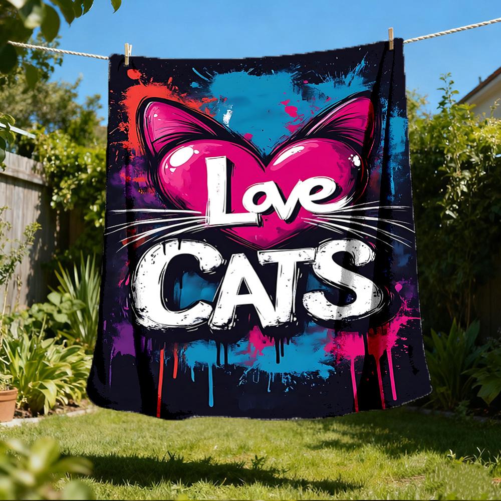 1pc Love Cats Print Outdoor Flannel Blanket Soft All Season Polyester Throw , Perfect for Picnics & Travel , Picnic Accessory