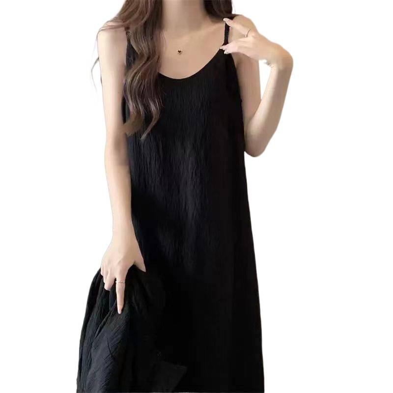 Women's Summer Black Slimming Drape Retro Long Camisole Dress - Solid Color Sexy Pajamas, Wearable Outdoors
