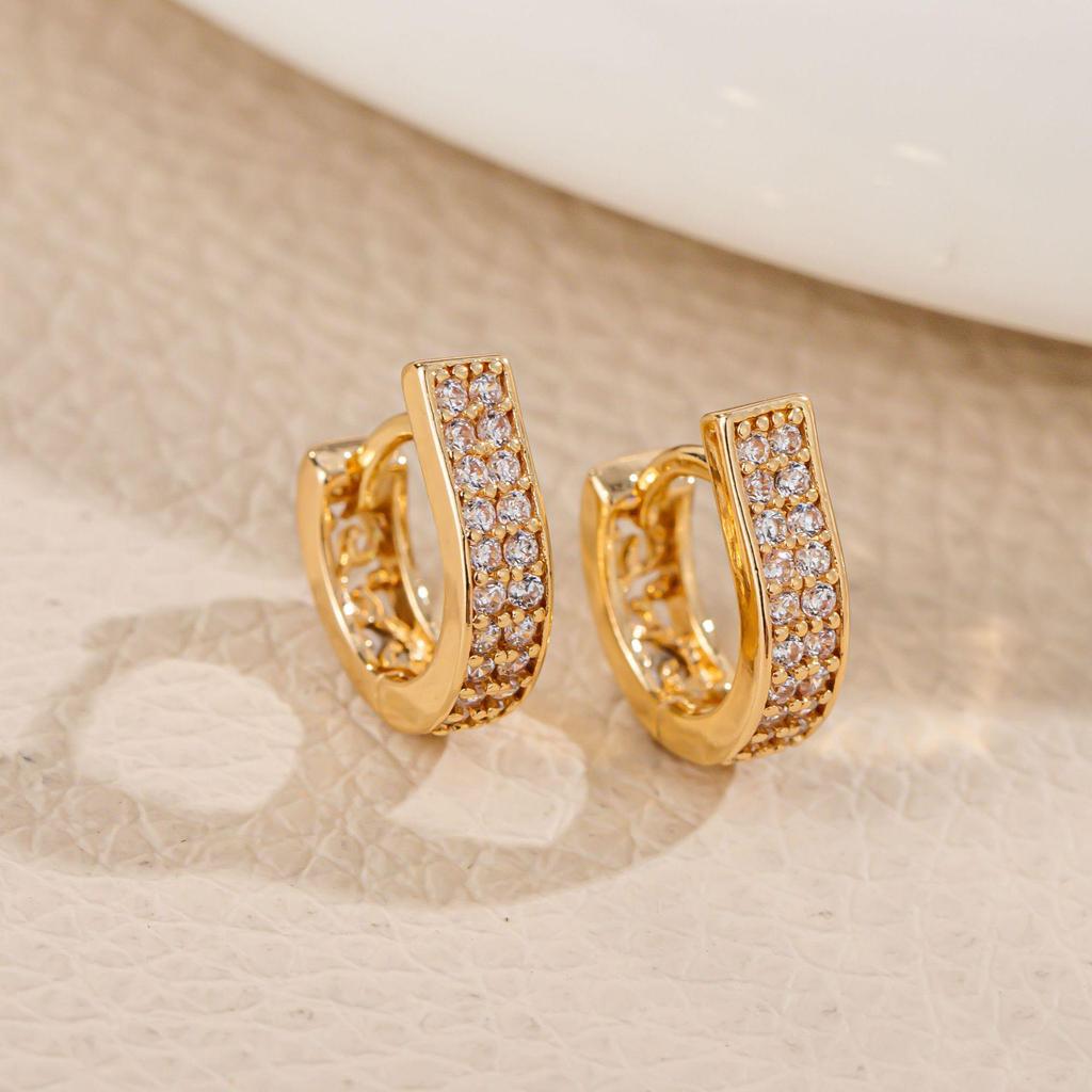 Creative Geometric Double Row Rhinestone Earrings - Small Alloy Ear Hoops & Studs