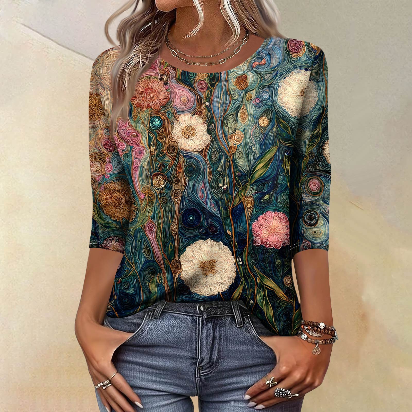 

Модный винтажный топ с рукавом три четверти для женщин, женская повседневная блузка-футболка с круглым вырезом и принтом L