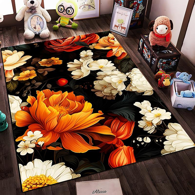 Floral Elegance In Orange and Cream Non-slip Rug Suitable for Living Room and Bedroom Sofas