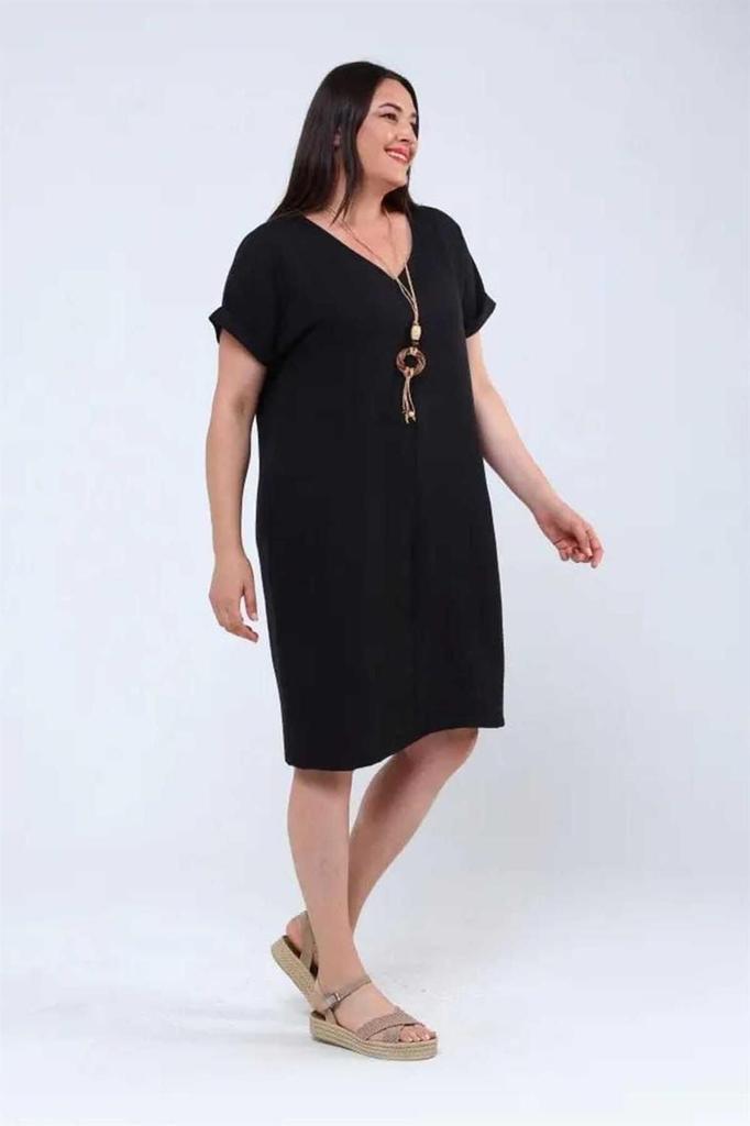 Damen Übergröße Kleid Halskette Plus Size Leinen Ayrobin Kleid Schwarz