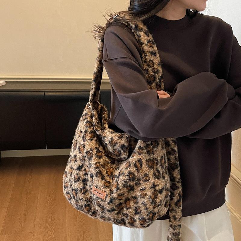 Leopard Print Fur Bag Women's Shoulder Crossbody Bag Vintage Tote Bag