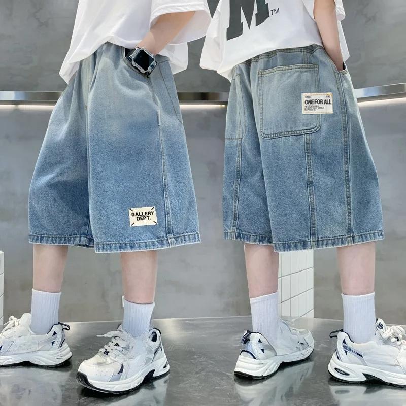 Summer Children Loose Casual Gradient Blue Jean Shorts for Teenager Boys Baggy Denim Shorts Kids Street Knee Length Pants 120