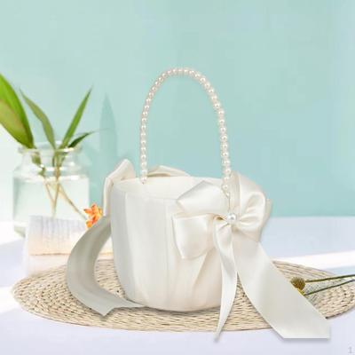 Flower Girl Basket White Satin Ribbons Bowknot Elegant Baskets Petal for