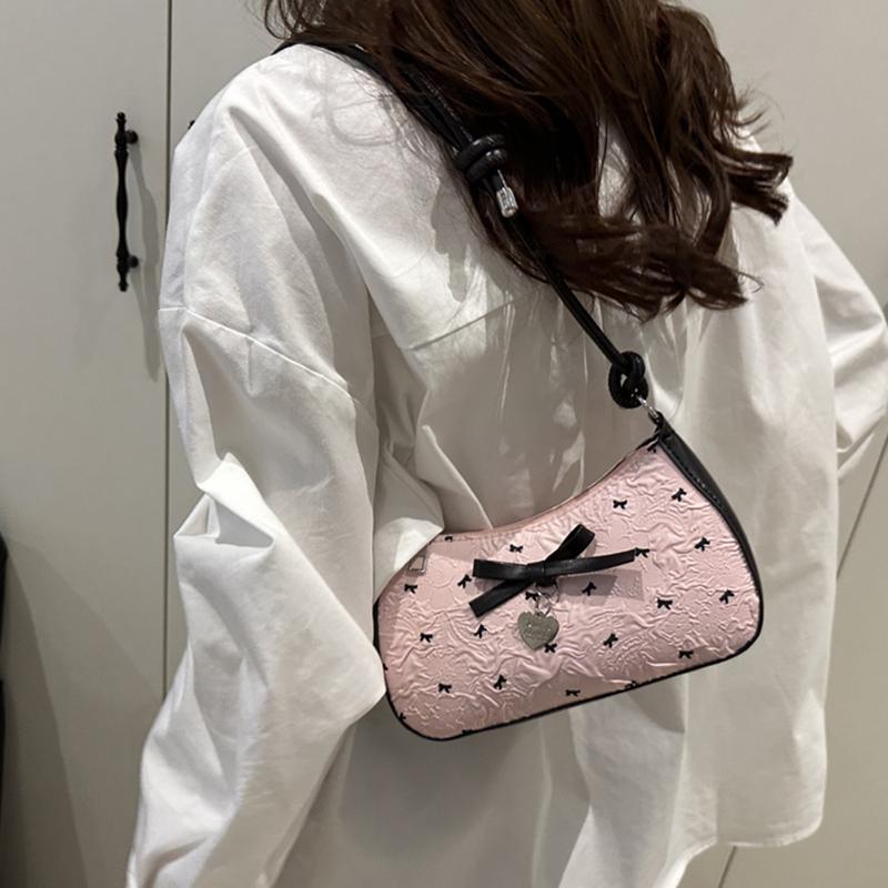 Y2k Pink Bow Armpit Bag for Women, New Fashionable and Versatile Texture Light Luxury Single Shoulder Small Square Bags