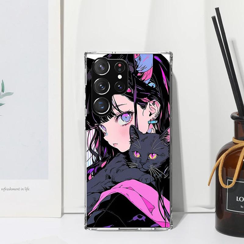 Anime Girls Cute Black Cat Phone Case For Samsung Galaxy S26 S25 Edge S24 FE S23 S22 Ultra S21 Plus S20 + Art Fundas Back Cover