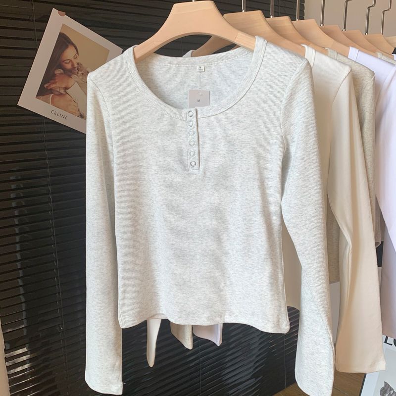 

Slim Thread round Neck Pure Cotton Tops Long Sleeves T-Shirt 0205# button melange gray S