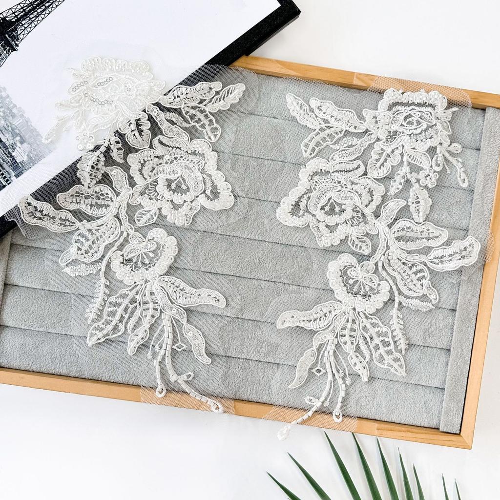 Black And White Beads Embroidery Sequins Embroidery Cloth Stickers Hand Wedding Dress Evening Dress Bone Line Flower Decoration Decal Accessories