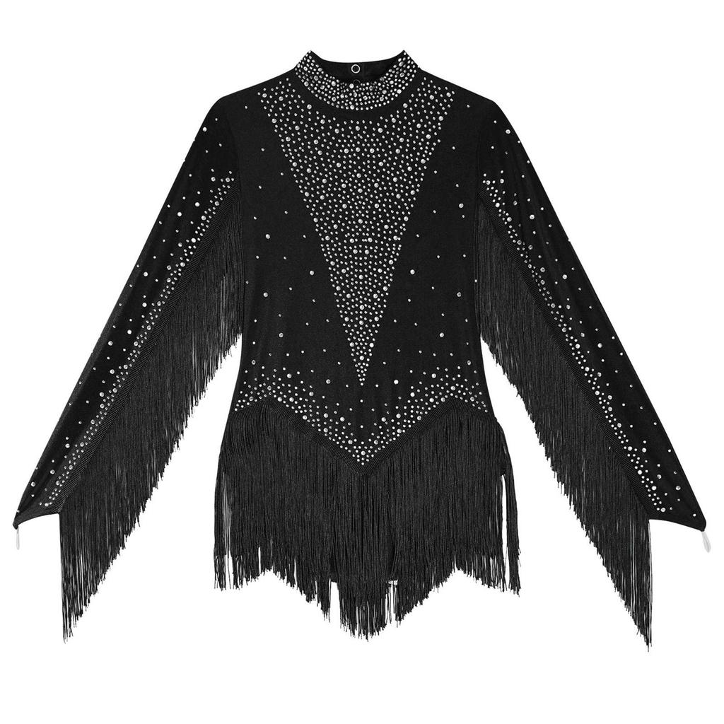 Girls Tassels Latin Dance Leotard Mock Neck Long Sleeve Cutout Back Sparkling Rhinestones Fringe Bodysuit