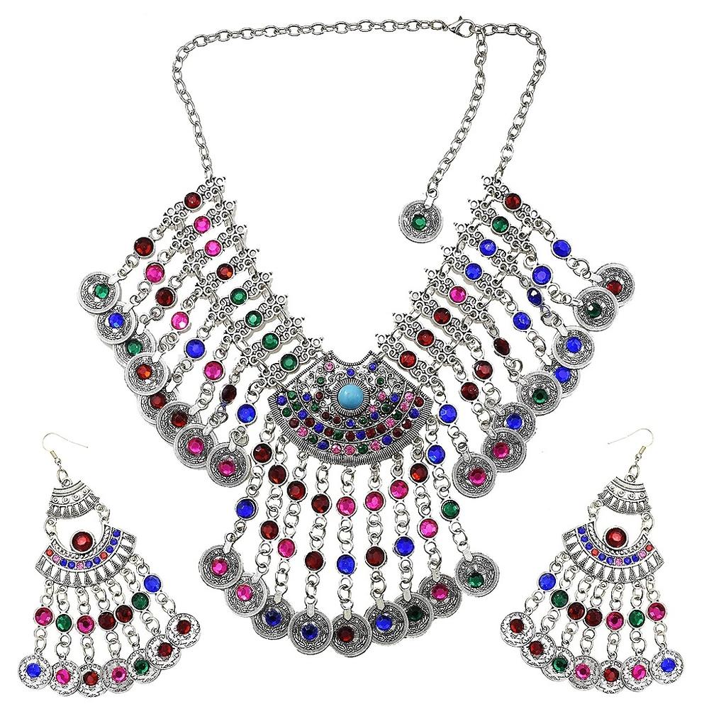 3pcs Indian Afghan Zircon Sets Necklace Earrings Hairbands for Women Boho Ethnic Coins Tassels Colorful Crystal Drop Accessory