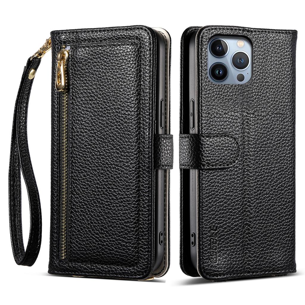 ESEBLE E11 For iPhone 14 Pro Max Case Zipper Pocket Litchi Texture Leather Phone Cover with Mirror and Wrist Strap