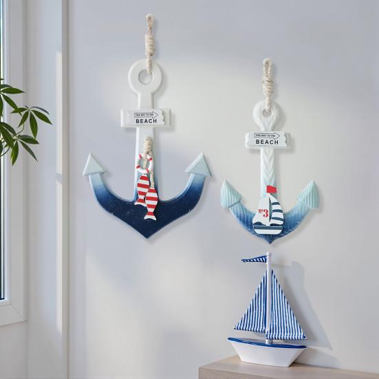 Boat Hook with Lanyard Solid Wood Handmade Blue White Gradient Coastal Decor Symbol Good Luck Boat Hook