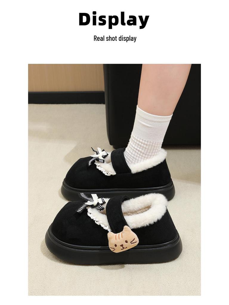 Women's Furry Non-Slip Cotton Slippers - Thick-Soled, Closed-Heel for Autumn & Winter