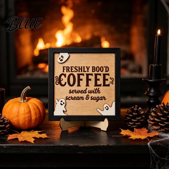 Standing Halloween Table Decor Wooden Coffee Photo Frame Retro Distressed Sign for Holiday Atmosphere Home Countertop Decor Rustic Autumn