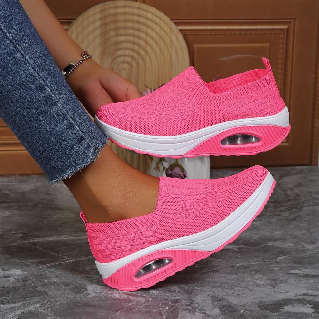 Fashion Spring White Casual Shoes Air Cushion Platform Sports Shoes Women Breathable Sneakers Thick Sole Slip On Knitting Walking Shoes