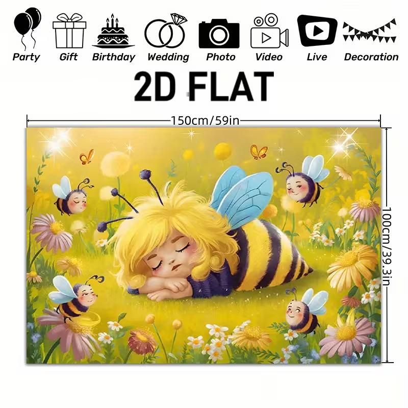 2D Verzauberter Garten Hintergrund, Schlafendes Bienenmädchen und Bunte Blumen für Party-Fotoshooting