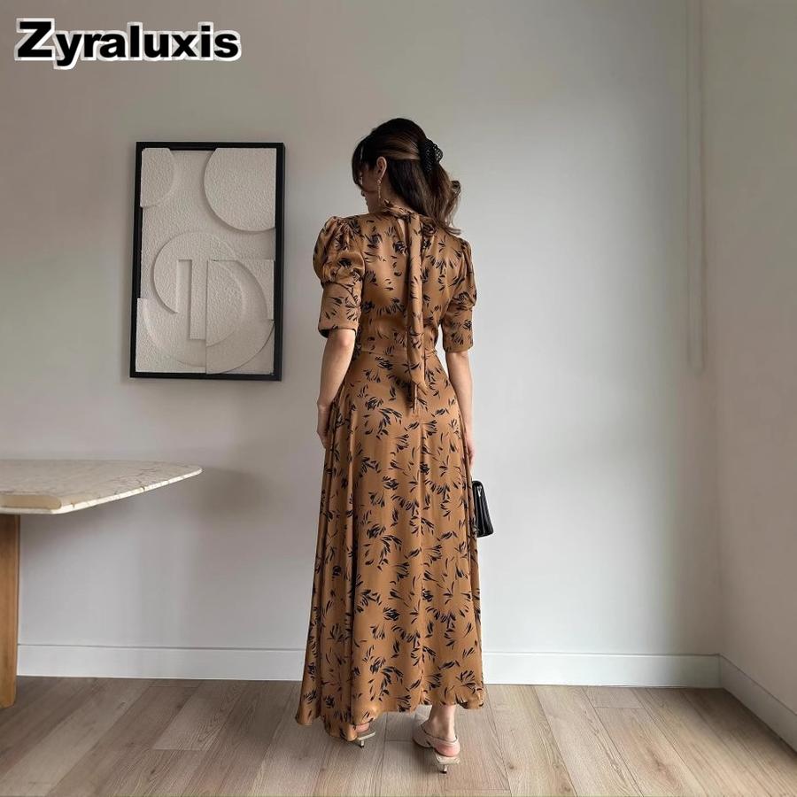 New Arrivals Women's Fashion Elegant Satin Printed Tie Waist Long Dress