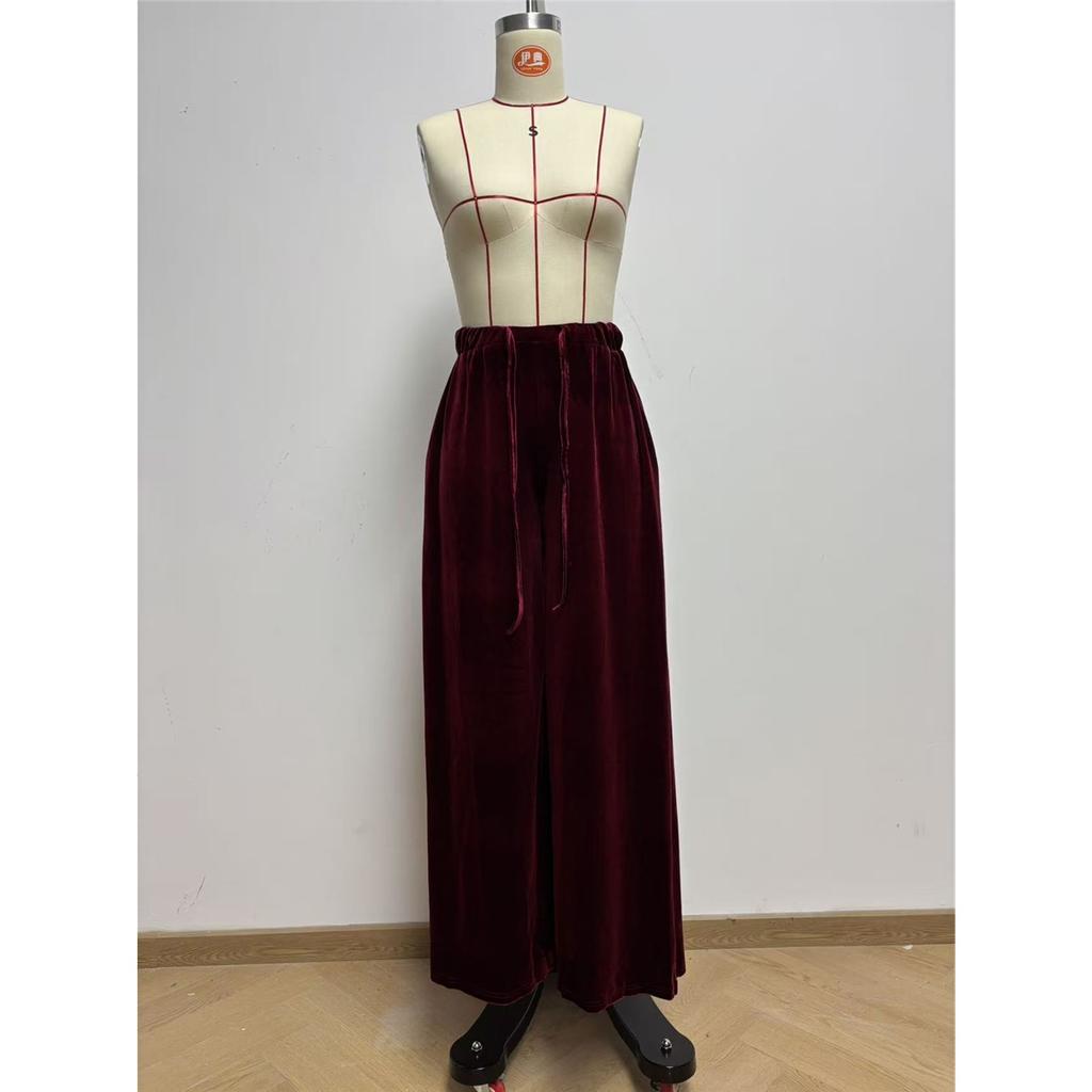 Women Solid‑Color Velvet Wide‑Leg Pants Elastic Drawstring High‑Waist Casual Trousers With Double Pockets For Autumn Winter