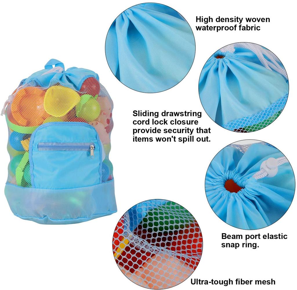 Beach Storage Pouch Tote Bag Kids Foldable Beach Mesh Bag Large Capacity Travel Toy Organizer Net Portable Storage Backpack