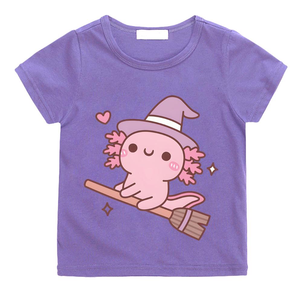 2026 New Style Cute Axolotl Witch Flying on A Broom T-shirts Boys Girls Children T Shirt Graphic Printing Tshirt