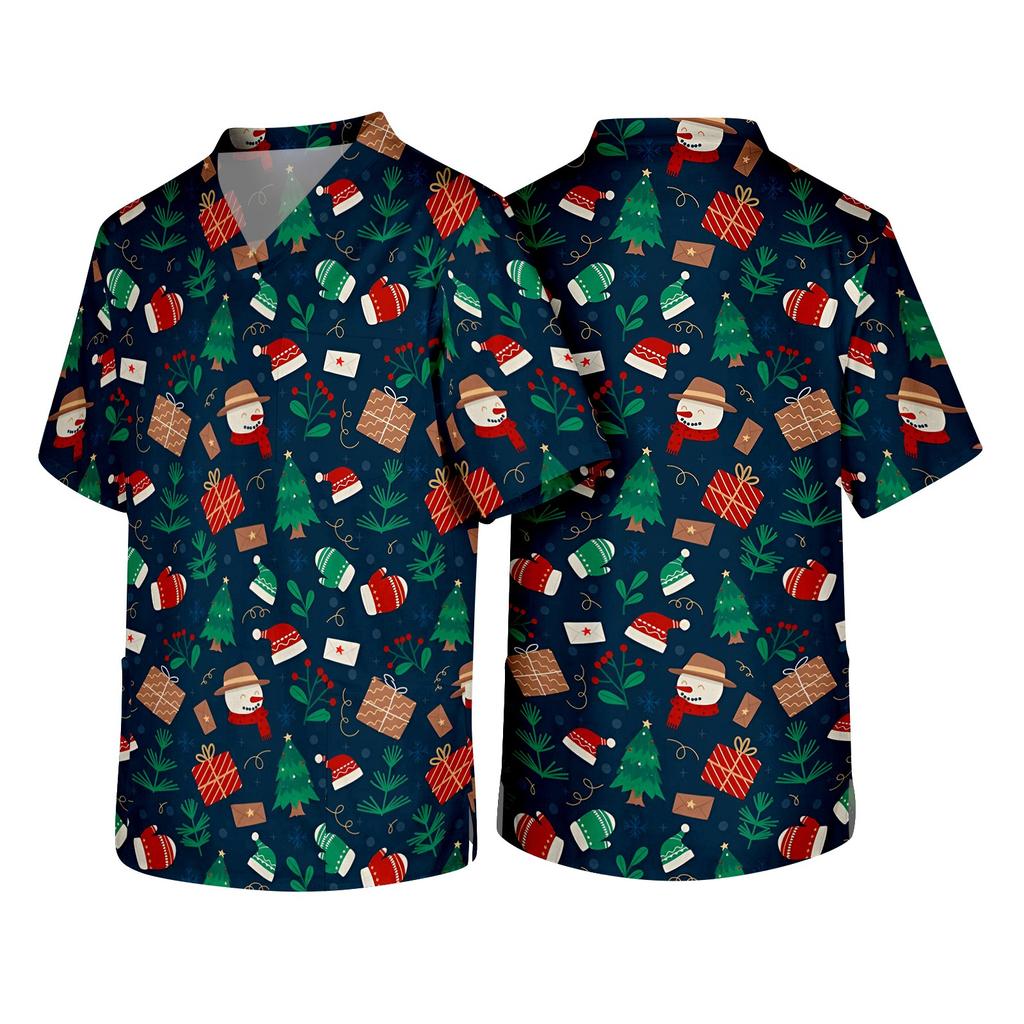 Men's Christmas Themed Holiday Caregiver Uniform for Work in Hospitals and Clinics