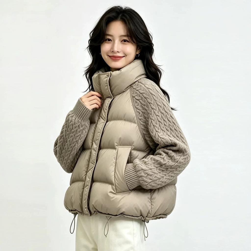 European and American knitted sleeves splicing down jackets women's short winter fashion stand-up collar warm white duck down tops are popular