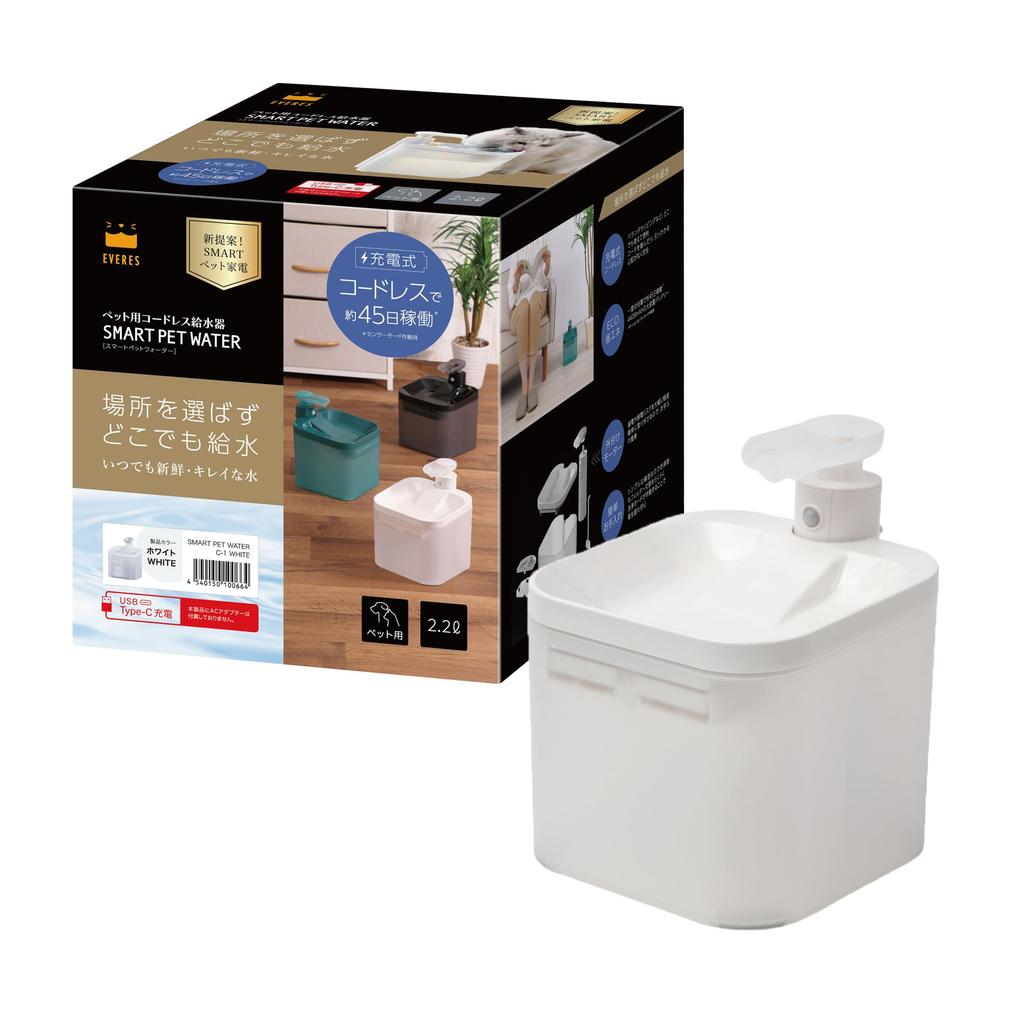 Evaris Smart Pet with 1 Water Softener Cordless Pet Water Approximately 45 Days of Battery for Dogs and Cats Water, White, Filter, 2.2L C-1,