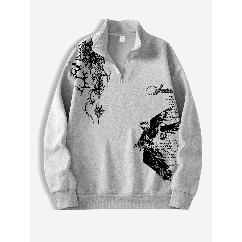 Y2K Fashion Street Style Men's Stand Up Collar Sweatshirt, Thorn Design Angel Print Half Zipper Stand Up Collar Sweatshirt