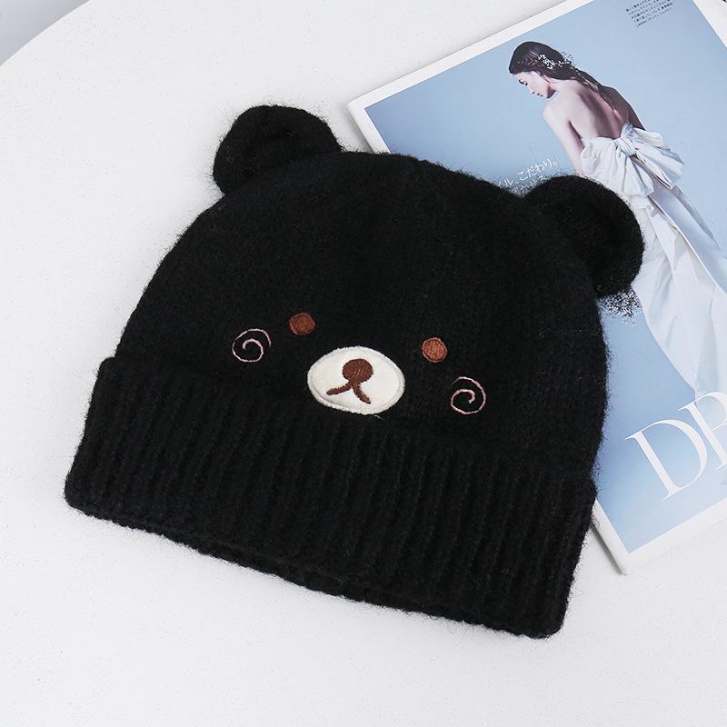 Source cute bear acrylic knitted wool hat, small face in autumn and winter, embroidered turned brim warm ear protection hat