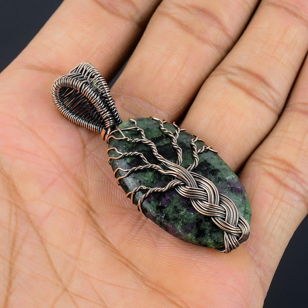 Tree Of Life Ruby Zoisite Pendant Gemstone Jewelry, 999 Copper Wire Wrapped Handmade Pendant, Latest Design Jewelry