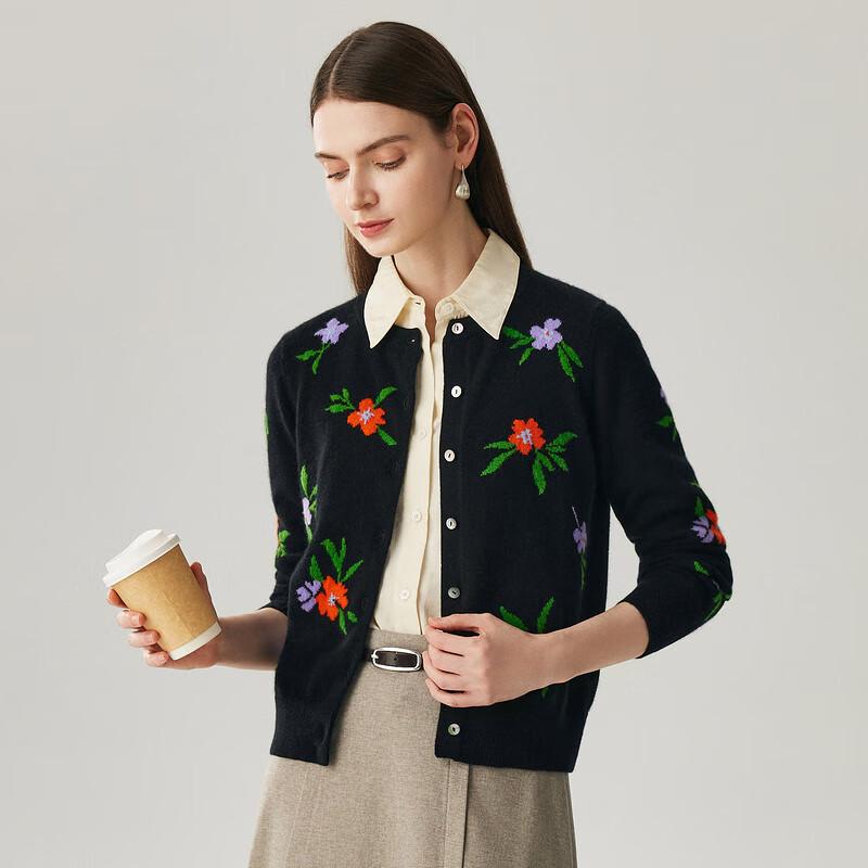 Zhaojun Women's 100% Cashmere Round Neck Floral Cardigan