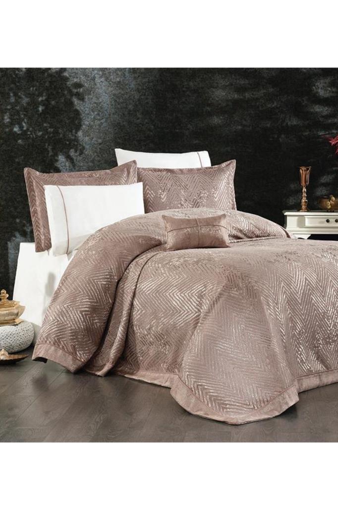 Asu 7 Pcs Bridal Set, Bedspread 260x260, Sheet 240x260, Double Size, King Size, Silk Velvet Chenille Fabric Cappucino