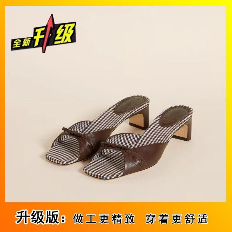 

Soft leather back empty toe square head thick heel cool slippers women s retro style bow sandals women s summer wear 2025 new models 41