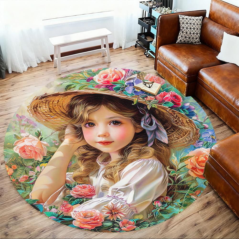 1pc flower girl Round Chair mat Area Rug - Non-Slip, Floor Mat for Office, Bedroom, and Indoor Decor -1002161