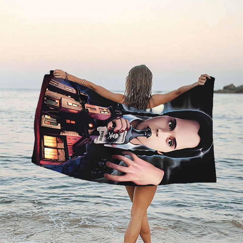 1pc Addams Family Wednesday1 Beach Towel, Sports Cape, Beach and Seaside Swimming Pool Equipment, Fashion Pattern, Rectangular, Travel Essentials