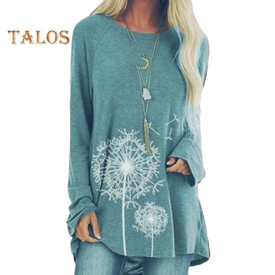Tunique grande taille pour femme, imprimé pissenlit, chemise longue, col ras du cou, manches longues, pull-over, chemisier décontracté, coupe ample, pour le travail et la vie quotidienne