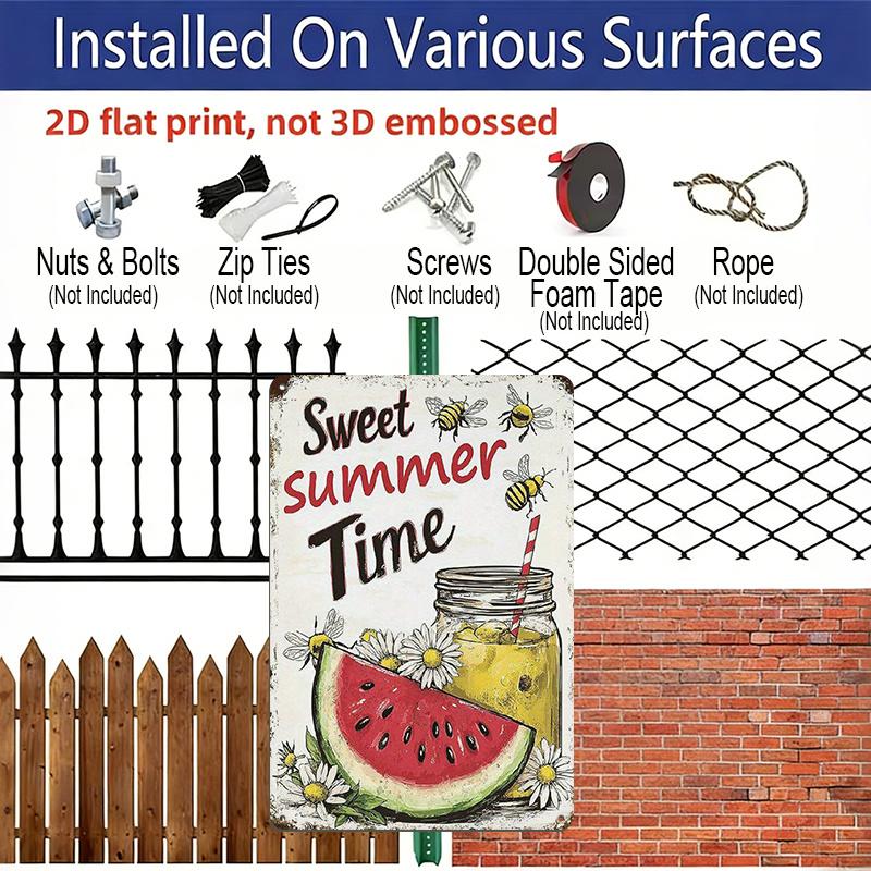 2D Flat 1pc Vintage Summer Watermelon & Lemonade Metal Sign - Sweet Summer Time Wall Decor - Retro Kitchen, Cafe, Party Decoration - Durable Aluminum
