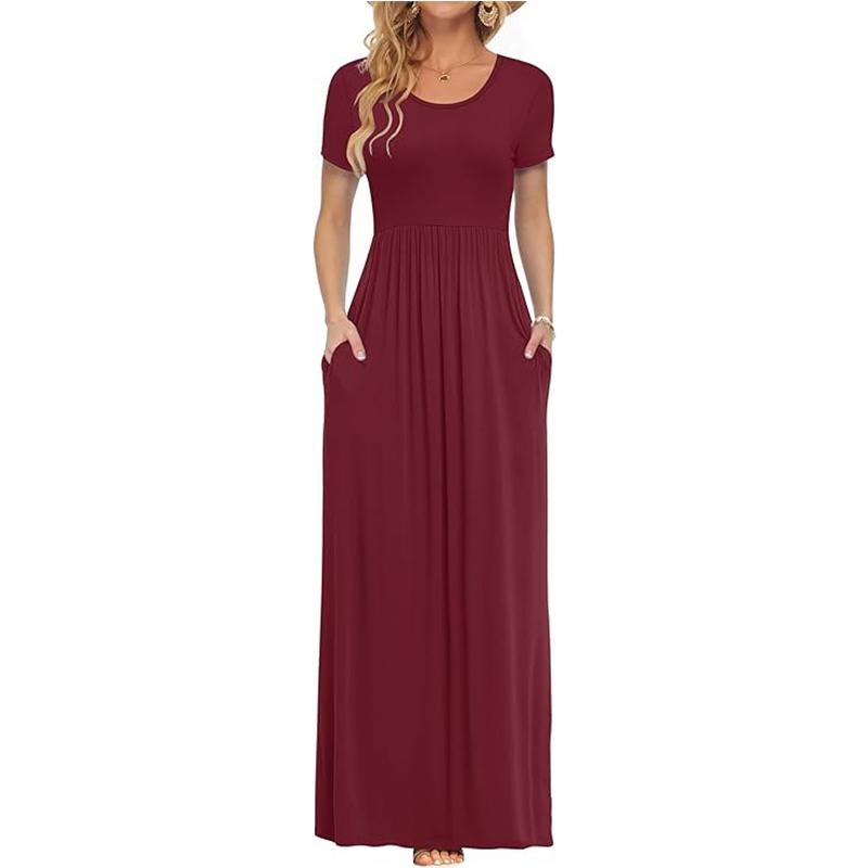 

Женские платья макси с коротким рукавом, повседневные длинные платья, повседневные платья с карманами 2XL вино красного