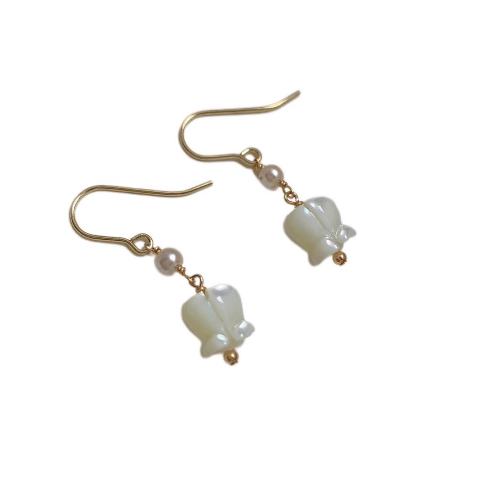 Lily of the Valley" Natural Shell Engraved Freshwater Pearl Earrings 14k Gold, Daily Wear Literary and Fresh Earrings