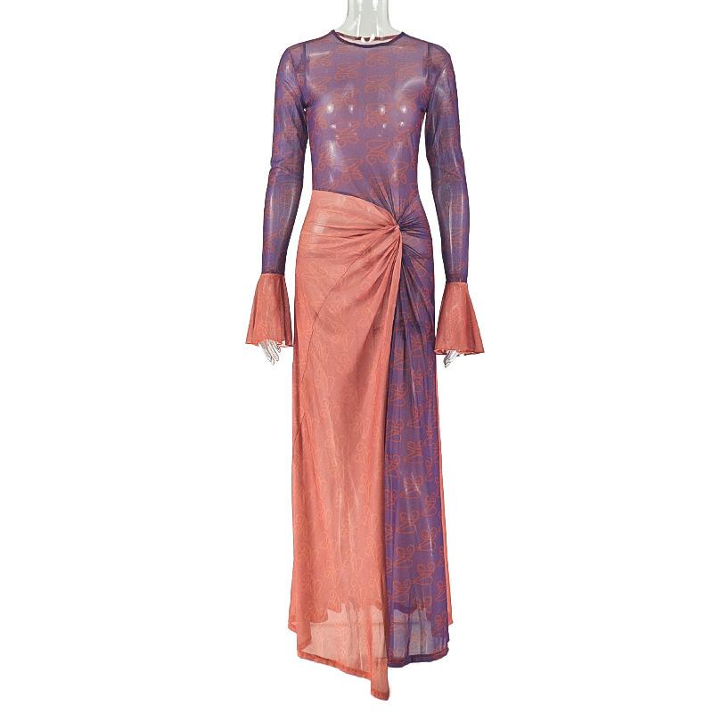 European and American Style Summer Slim-fitting Women's Clothing Light and Slightly Transparent Hip-wrapped Irregular Skirt Round Neck Pleated Long-