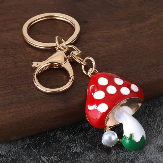 Zinc Alloy Keychain Pendant, Dripping Process Key Ring with Imitation Pearl Cartoon Mushroom Shape, Multiple Colors Bag Charm