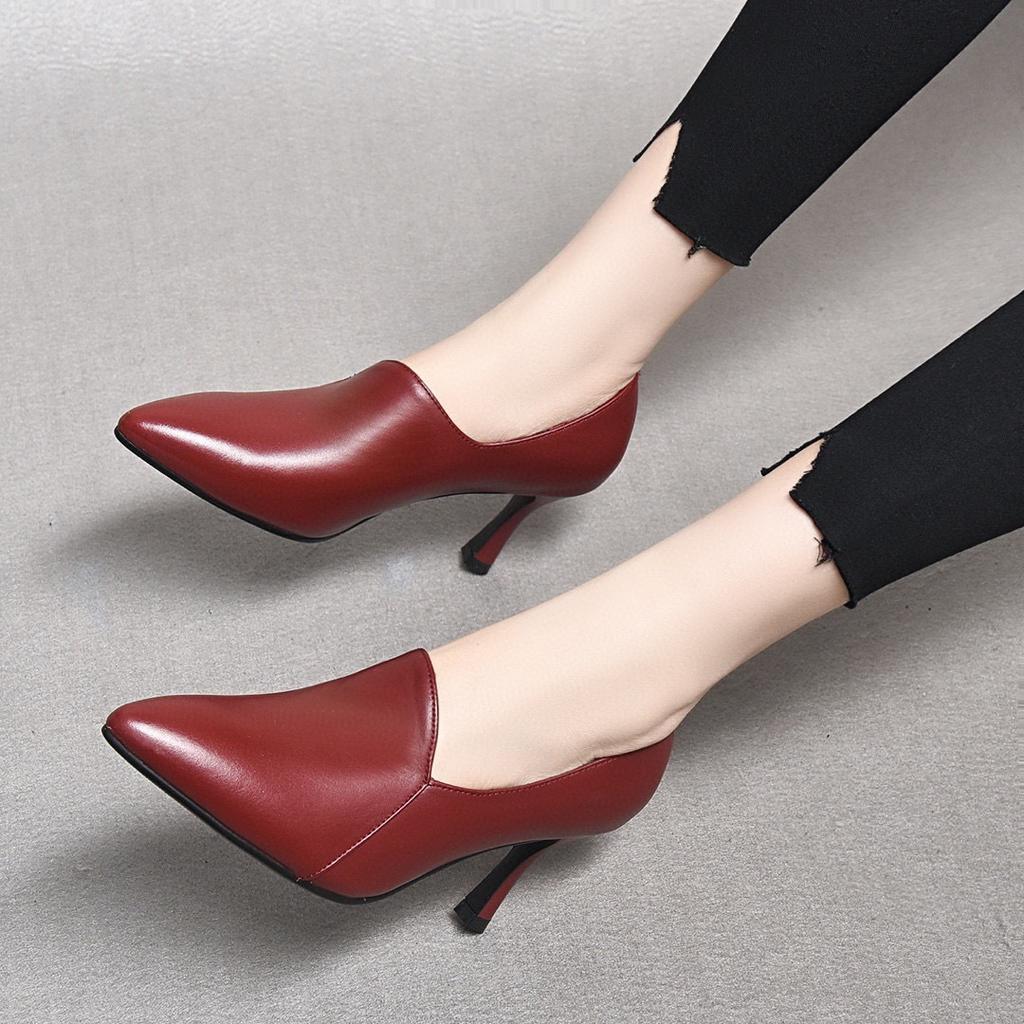 Women's shoes early spring new fashion pointed head deep mouth single shoes first layer cowhide thin heel thin one pedal high heels