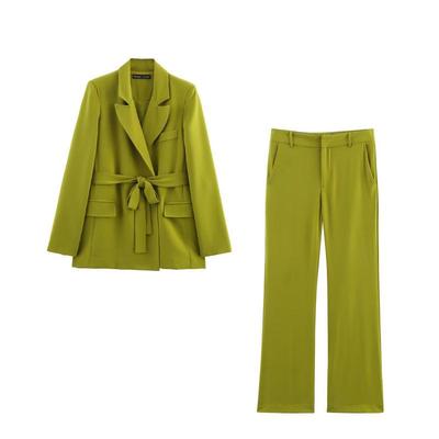 European and American Women's Slimming Belt Suit Jacket & Flare Pants Set