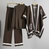 Winter suit design sense color matching long-sleeved versatile high-waisted wide-leg pants sweater knitted cardigan three-piece set women