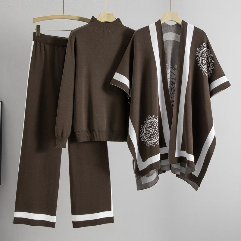 

Зимний костюм дизайнерский сенс сочетание цветов длинный рукав универсальный с высокой талией широкие брюки свитер вязаный кардиган комплект из трех предметов женский One Size шоколадный коричневый