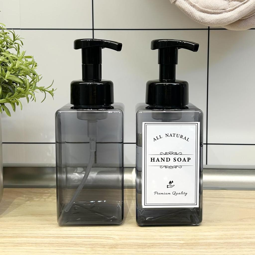 Foaming Soap Dispenser, 4 Pack Refillable Foam Soap Dispenser (Dark Grey) with 20 Pcs Waterproof Labels, Plastic Hand Soap Dispenser Pump Bottle
